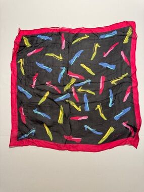 COACH Vintage 100% Silk Black Scarf Bright Shoe Motif Red Border Made in Japan
